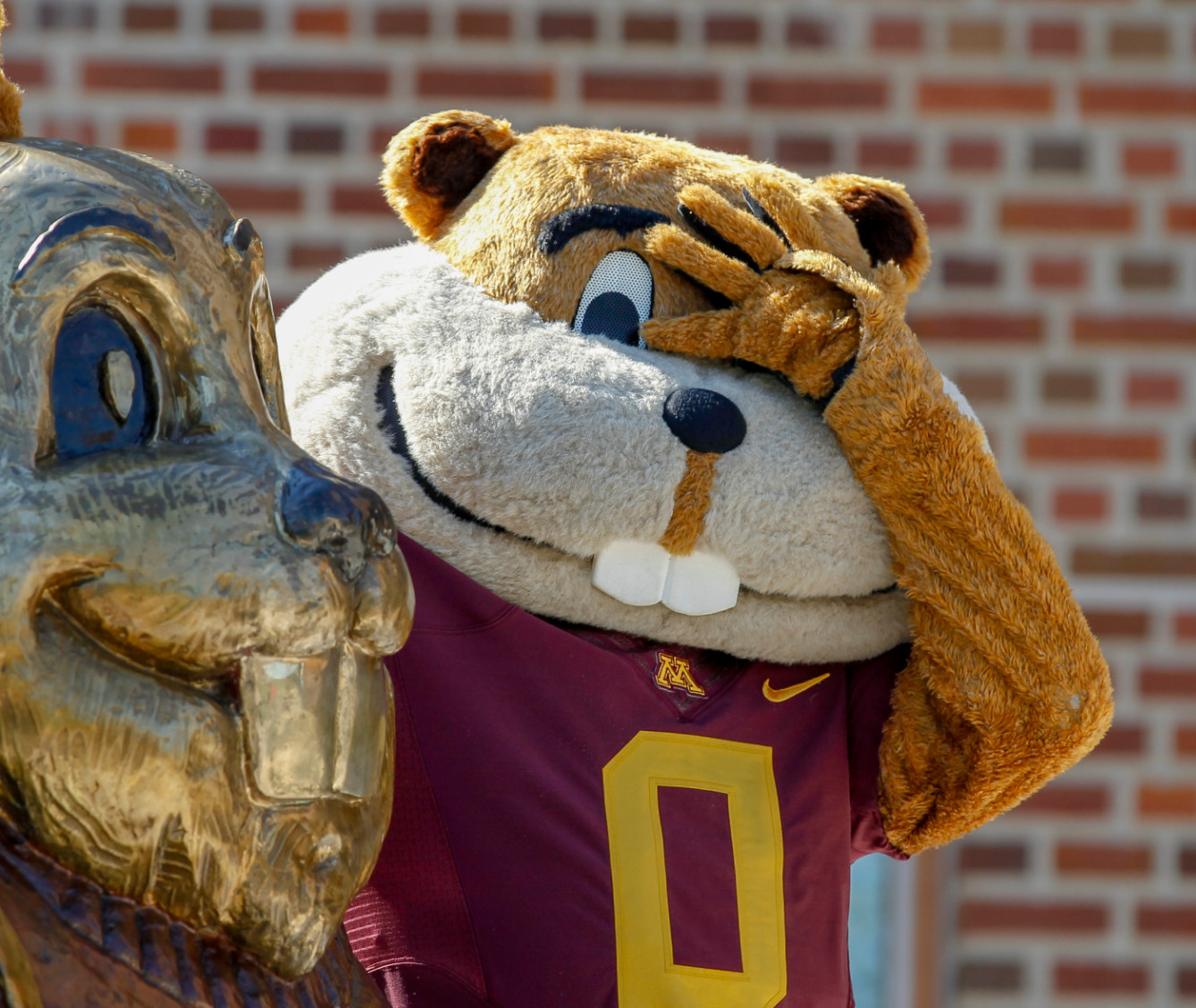 Goldy Gopher stands next to a Goldy statue while looking embarassed
